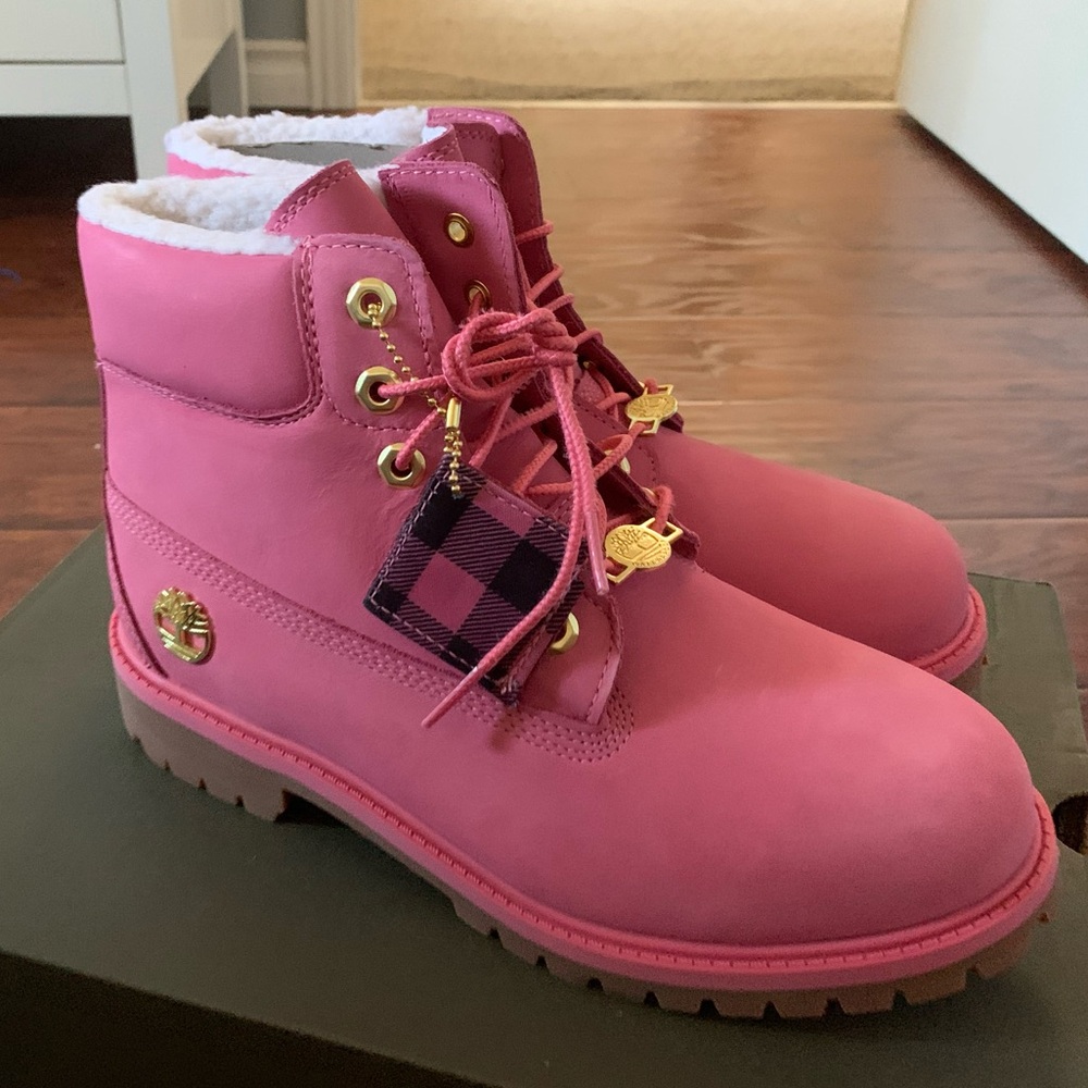 Youth Bright Pink Timberland Boots with Plaid Tag Detail